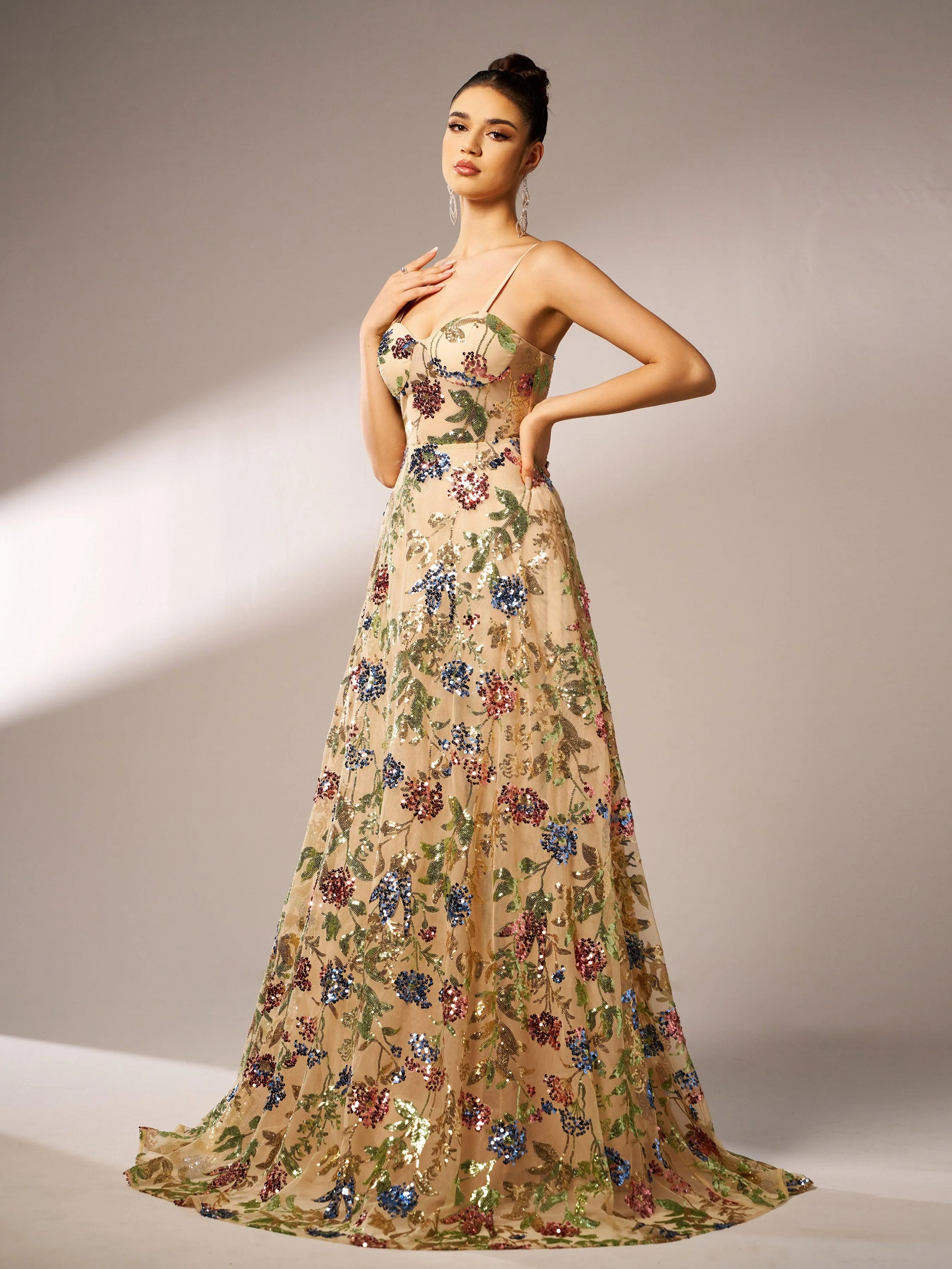 Floral A-line Spaghetti Evening Dress GM00538