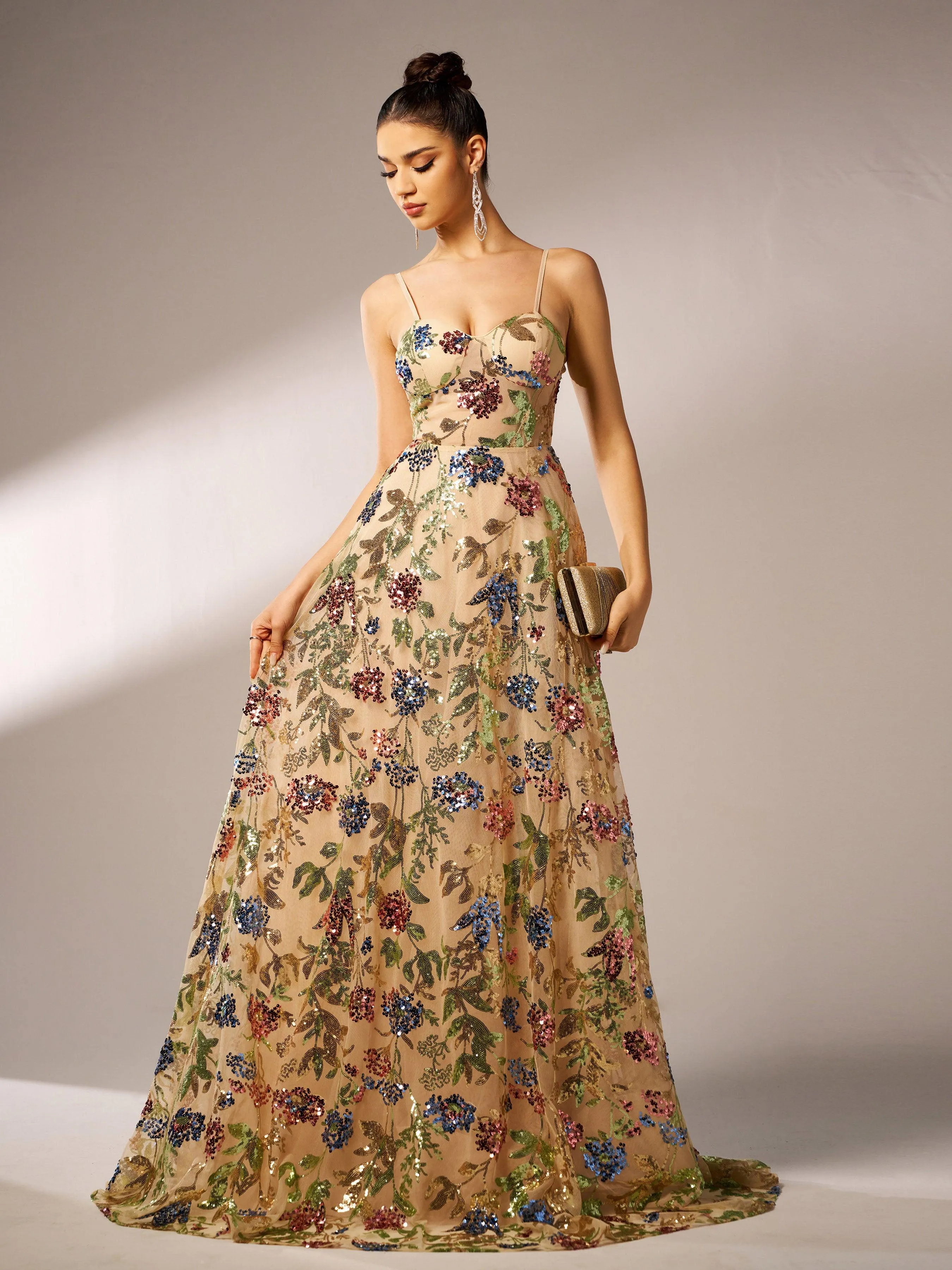 Floral A-line Spaghetti Evening Dress GM00538