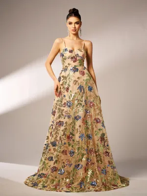 Floral A-line Spaghetti Evening Dress GM00538