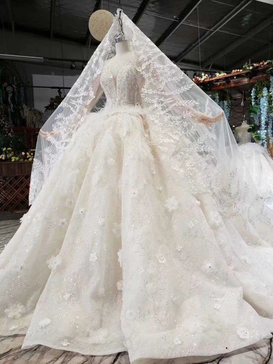 Flower Beaded Sequin Wedding Dress