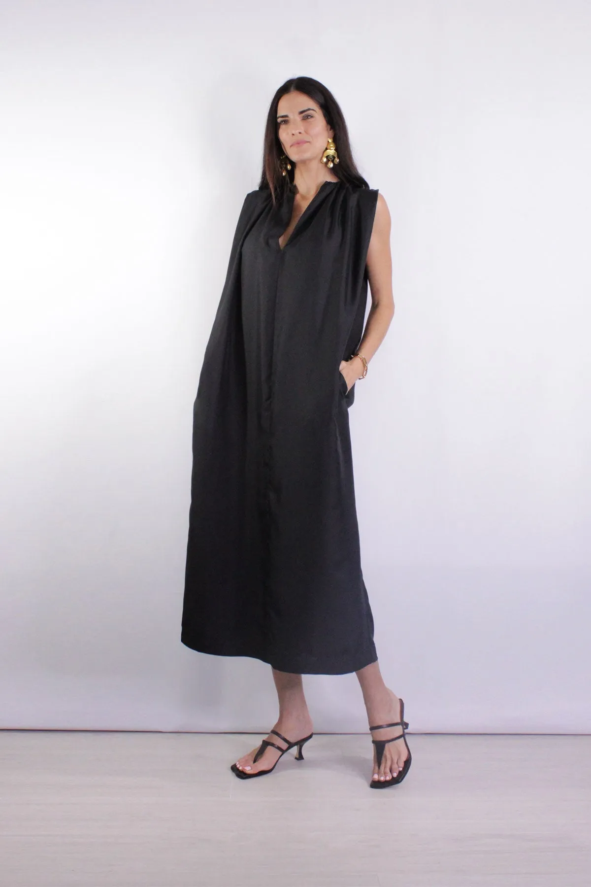 Gathered Split Neck Dress in Black