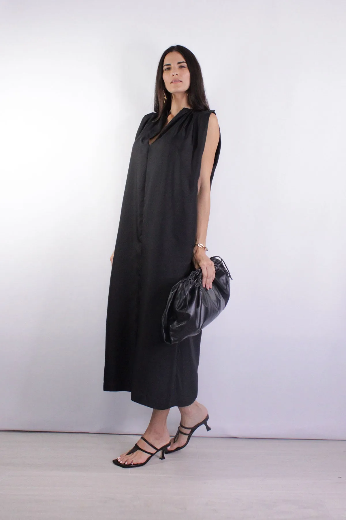 Gathered Split Neck Dress in Black
