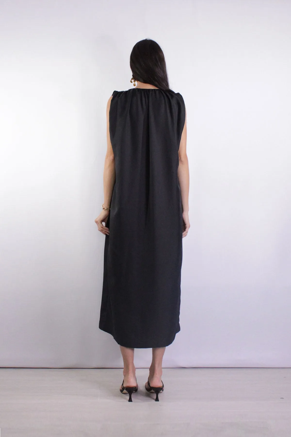 Gathered Split Neck Dress in Black