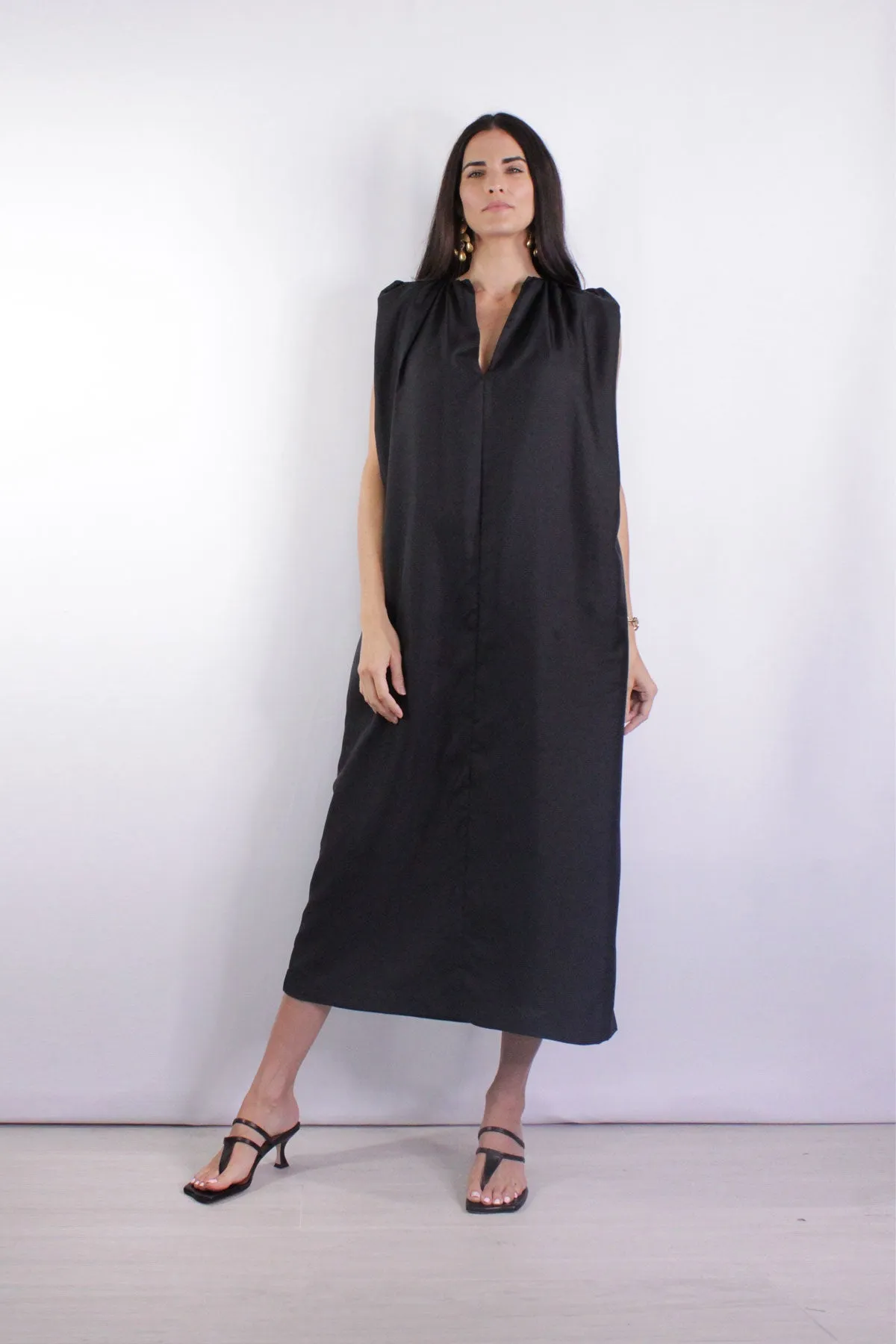 Gathered Split Neck Dress in Black