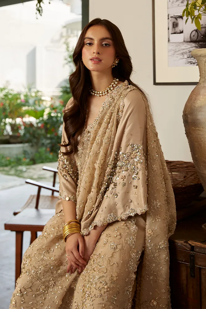 Golden Embellished Pakistani Wedding Dress in Raw Silk