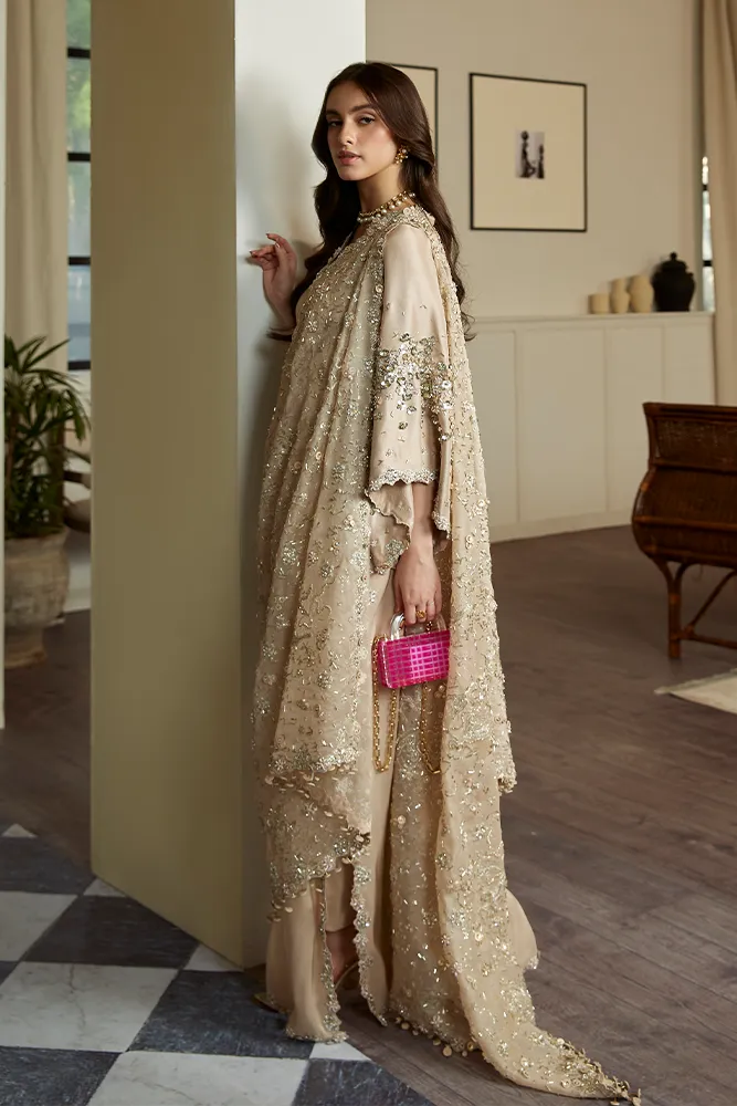Golden Embellished Pakistani Wedding Dress in Raw Silk