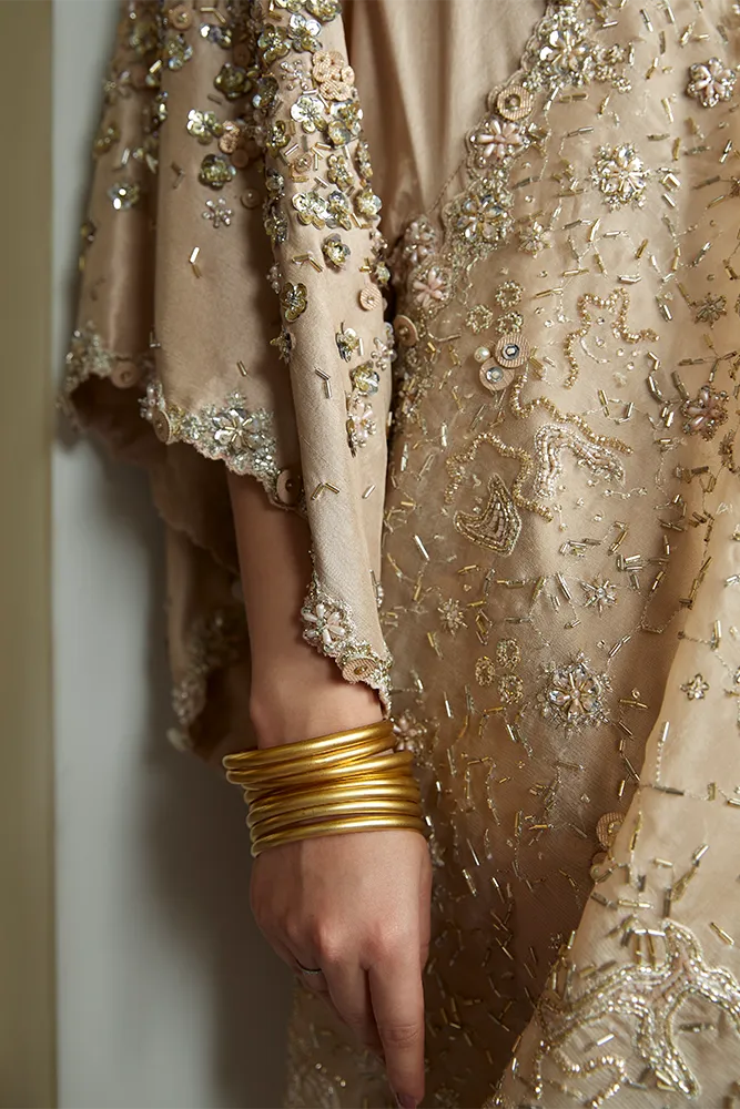 Golden Embellished Pakistani Wedding Dress in Raw Silk