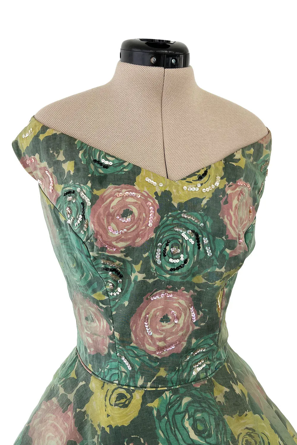 Gorgeous 1950s David Hart Organza Covered Cotton Floral Print Dress w Sequin Detailing
