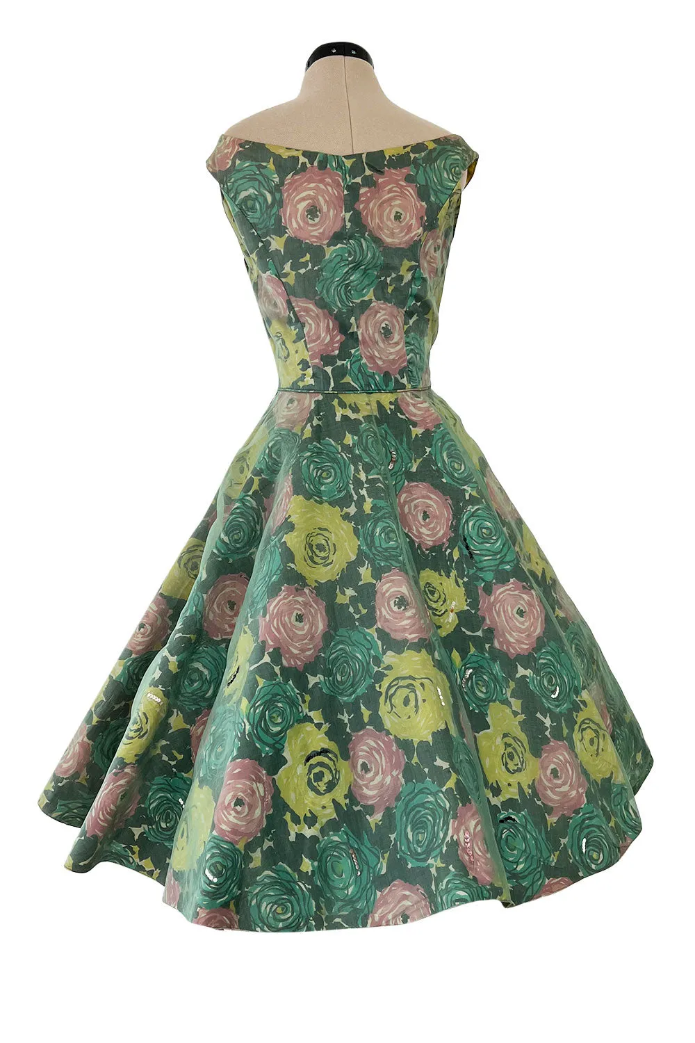 Gorgeous 1950s David Hart Organza Covered Cotton Floral Print Dress w Sequin Detailing