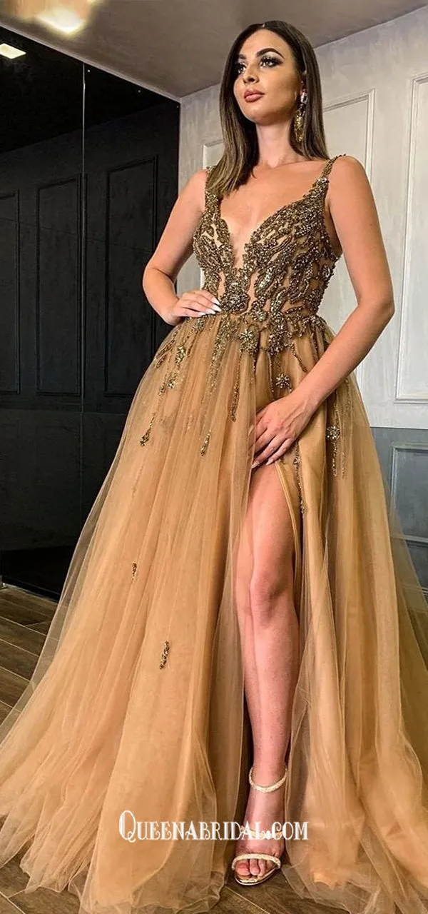 Gorgeous Champagne Gold Rhinestones Beaded A-line Tulle Evening Gowns Prom Dresses, WGP230