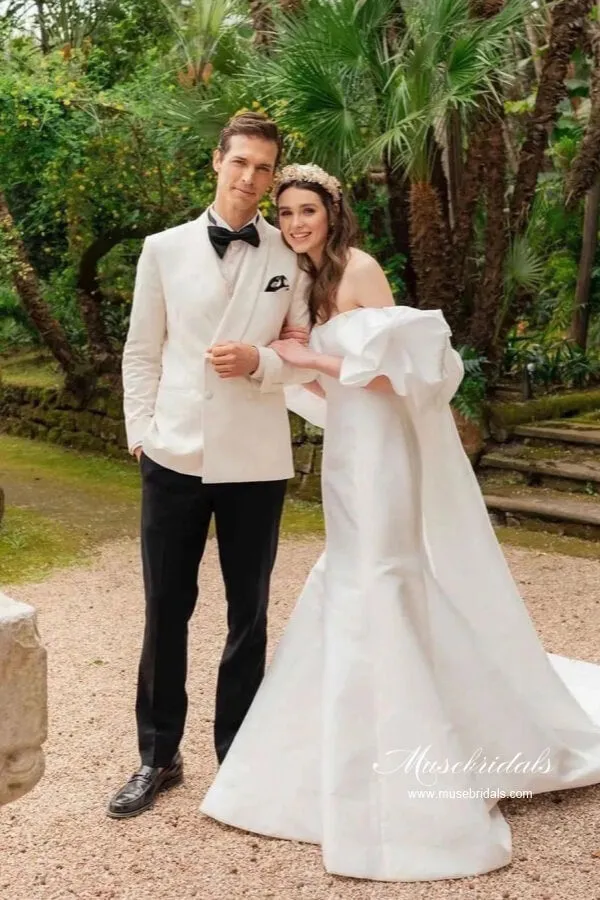 Gorgeous Satin Mermaid Off Shoulder Chapel Train Wedding Dresses, MW1052