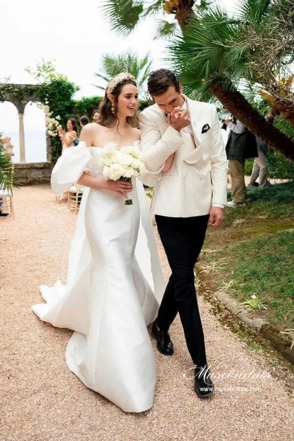 Gorgeous Satin Mermaid Off Shoulder Chapel Train Wedding Dresses, MW1052