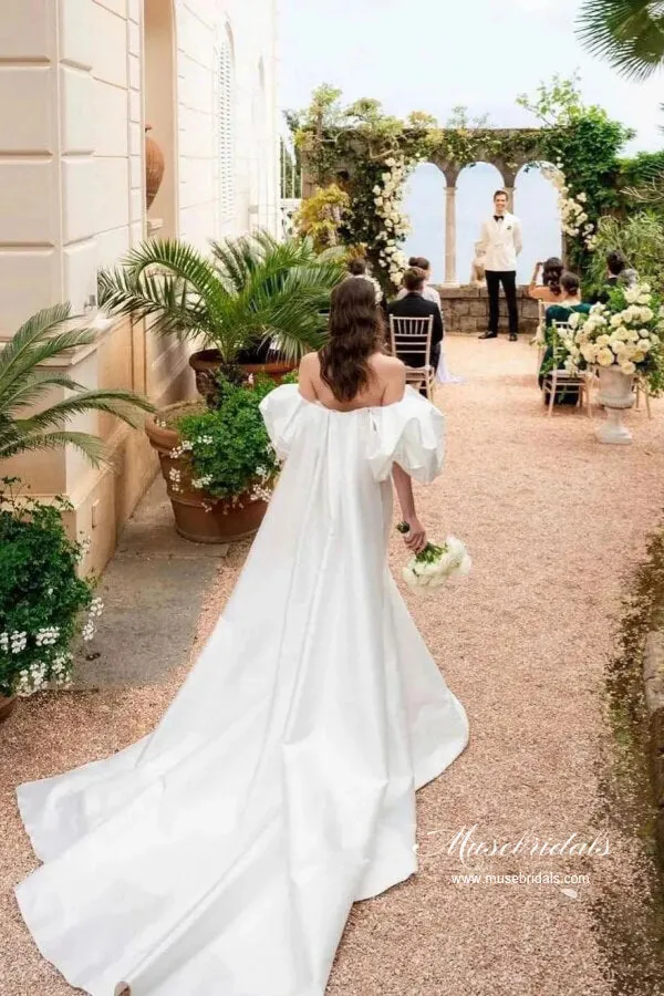 Gorgeous Satin Mermaid Off Shoulder Chapel Train Wedding Dresses, MW1052