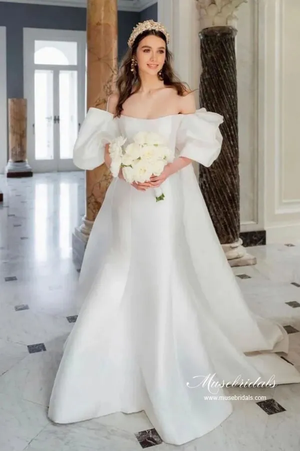 Gorgeous Satin Mermaid Off Shoulder Chapel Train Wedding Dresses, MW1052