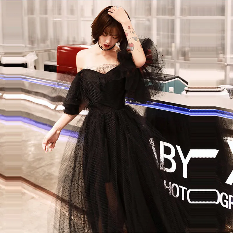 Gothic Inspired Black Boat Neck Bridal Dress Backless Off The Shoulder