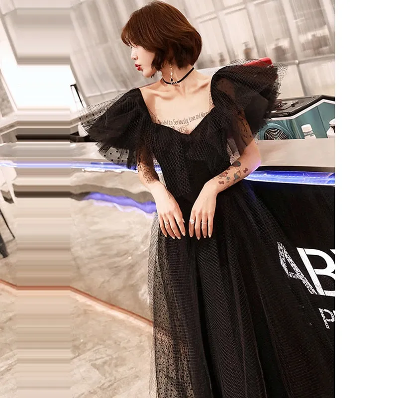 Gothic Inspired Black Boat Neck Bridal Dress Backless Off The Shoulder