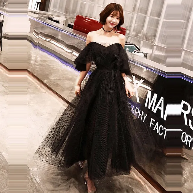 Gothic Inspired Black Boat Neck Bridal Dress Backless Off The Shoulder