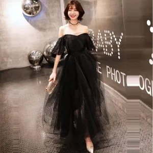 Gothic Inspired Black Boat Neck Bridal Dress Backless Off The Shoulder