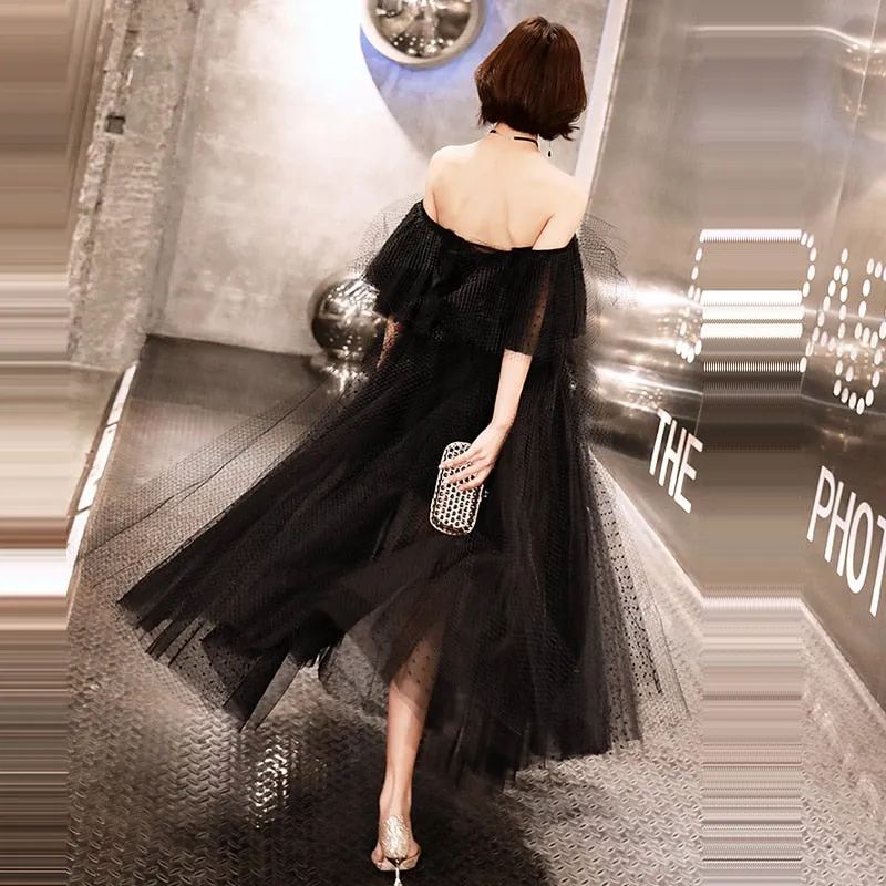 Gothic Inspired Black Boat Neck Bridal Dress Backless Off The Shoulder