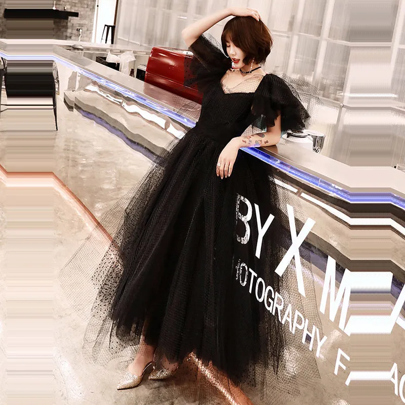 Gothic Inspired Black Boat Neck Bridal Dress Backless Off The Shoulder