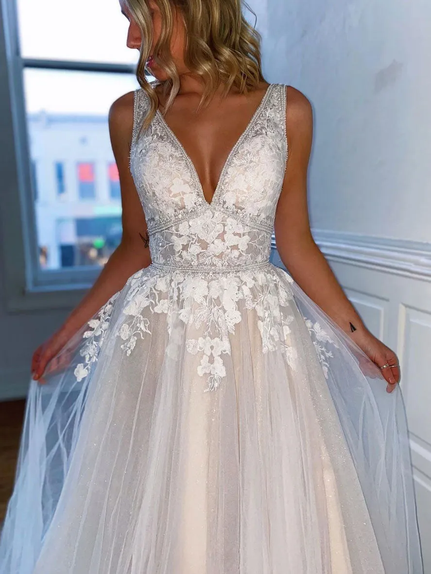Gray white v neck tulle lace long prom dress, gray lace evening dress