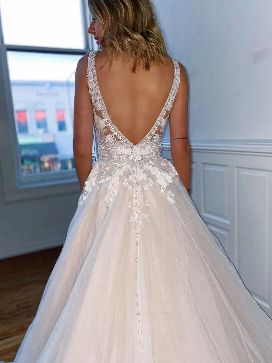 Gray white v neck tulle lace long prom dress, gray lace evening dress