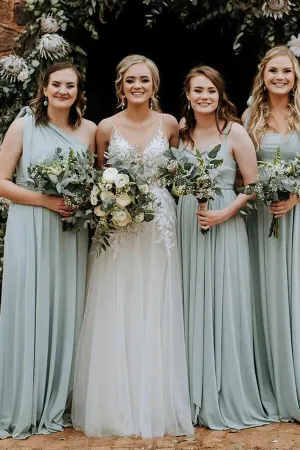Green Chiffon One Shoulder Long Bridesmaid Dresses With Sweep Train, MBD208