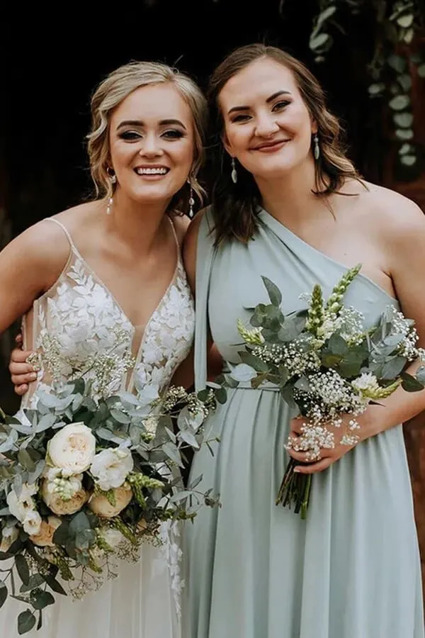 Green Chiffon One Shoulder Long Bridesmaid Dresses With Sweep Train, MBD208