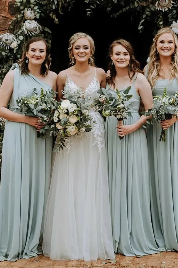 Green Chiffon One Shoulder Long Bridesmaid Dresses With Sweep Train, MBD208