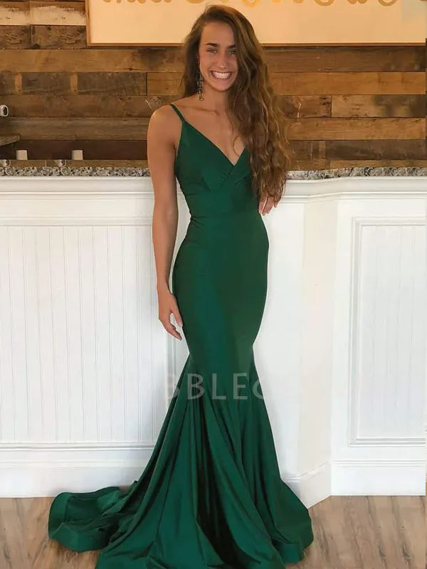 Green Elastic satin Spaghetti Straps mermaid Long Evening Prom Dresses, Cheap Custom Prom Dresses, MR7533
