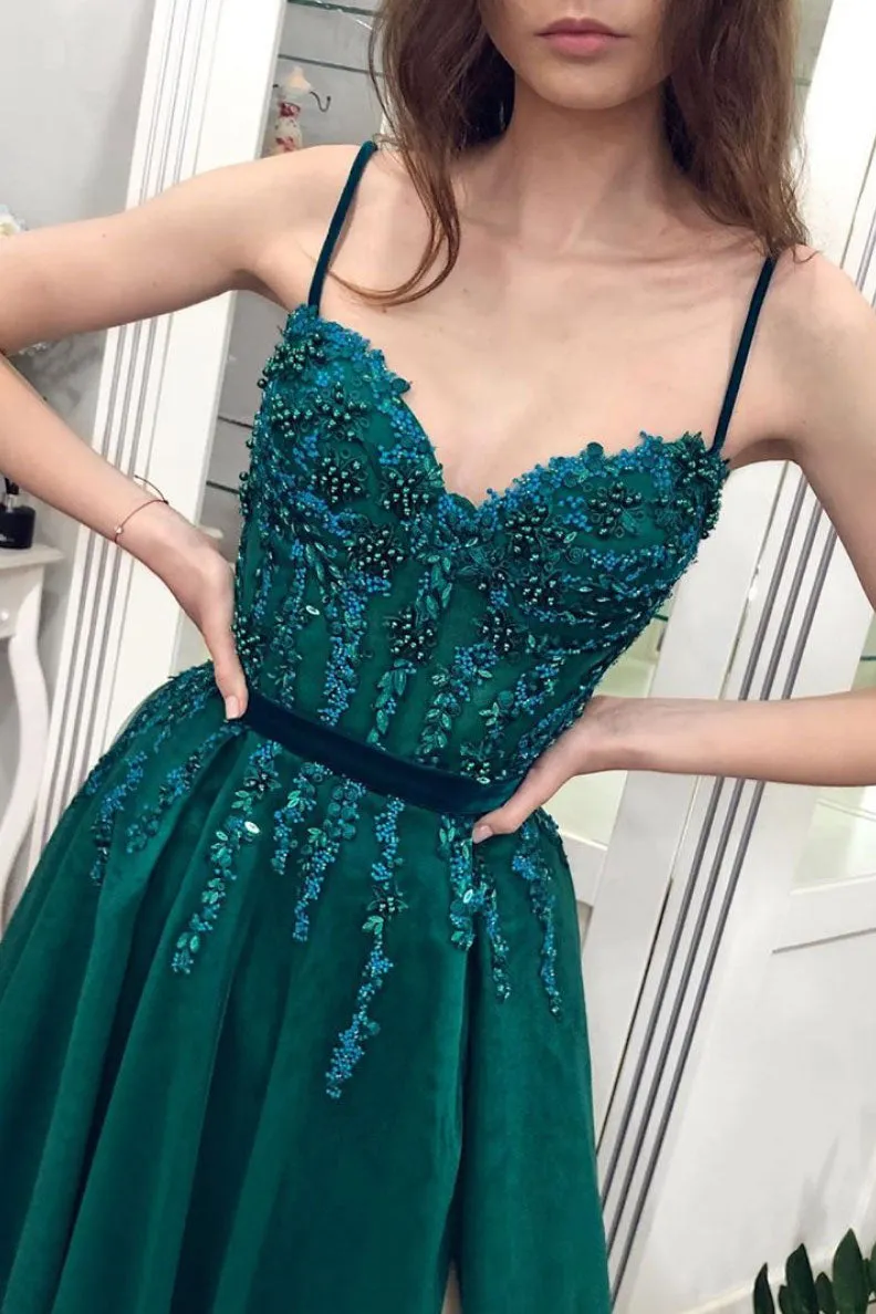 Green sweetheart lace long prom dress, green evening dress