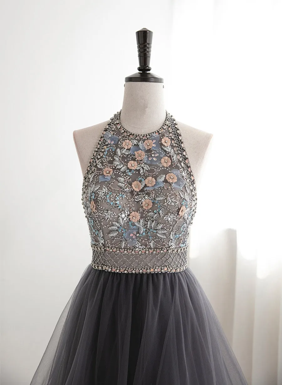 Grey Beaded Halter Backless Tulle Long Party Dress, Grey Floor Length Prom Dress