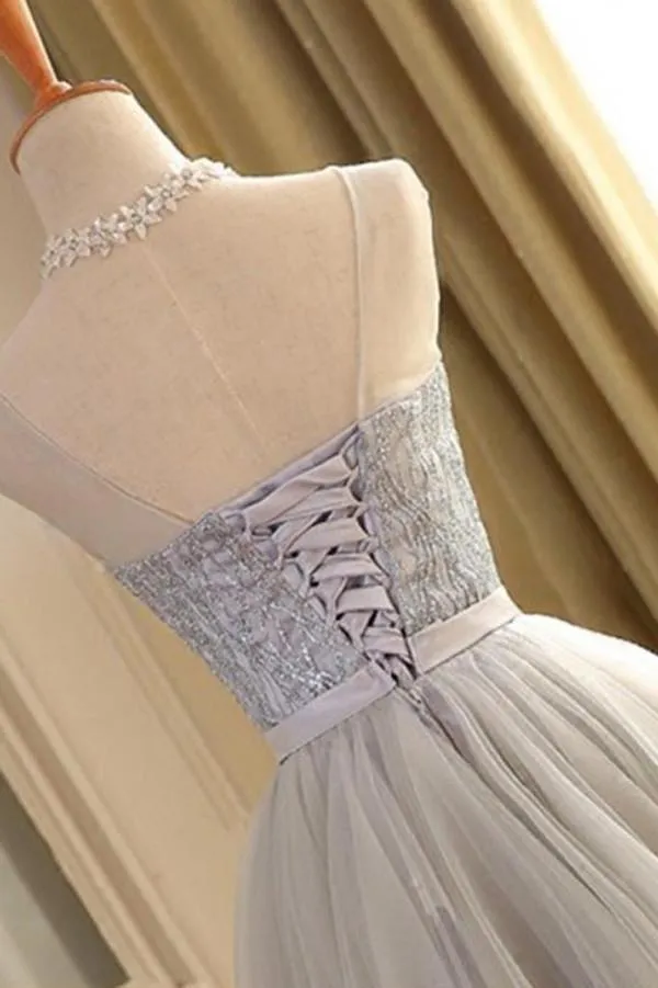 Grey Scoop Neck Lace Beaded Homecoming Dresses 2018, BDY0209