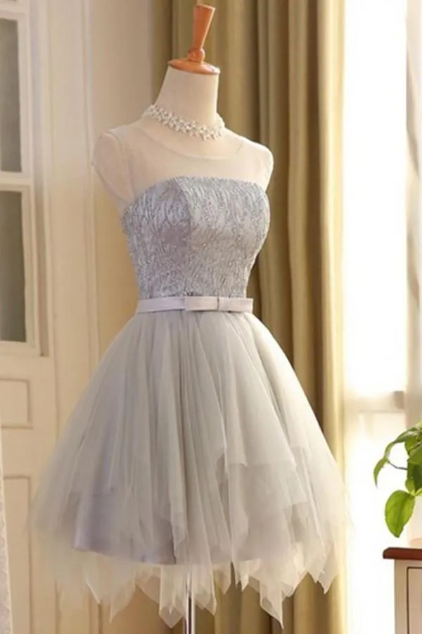 Grey Scoop Neck Lace Beaded Homecoming Dresses 2018, BDY0209