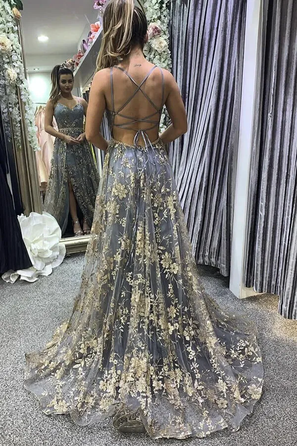 Grey Tulle Sequins Spaghetti Straps Prom Dresses With Slit, Formal Dresses, MP660