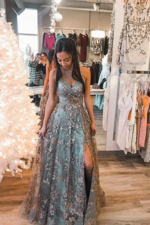 Grey Tulle Sequins Spaghetti Straps Prom Dresses With Slit, Formal Dresses, MP660