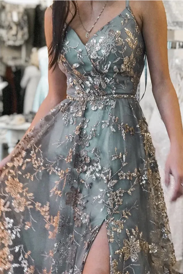 Grey Tulle Sequins Spaghetti Straps Prom Dresses With Slit, Formal Dresses, MP660