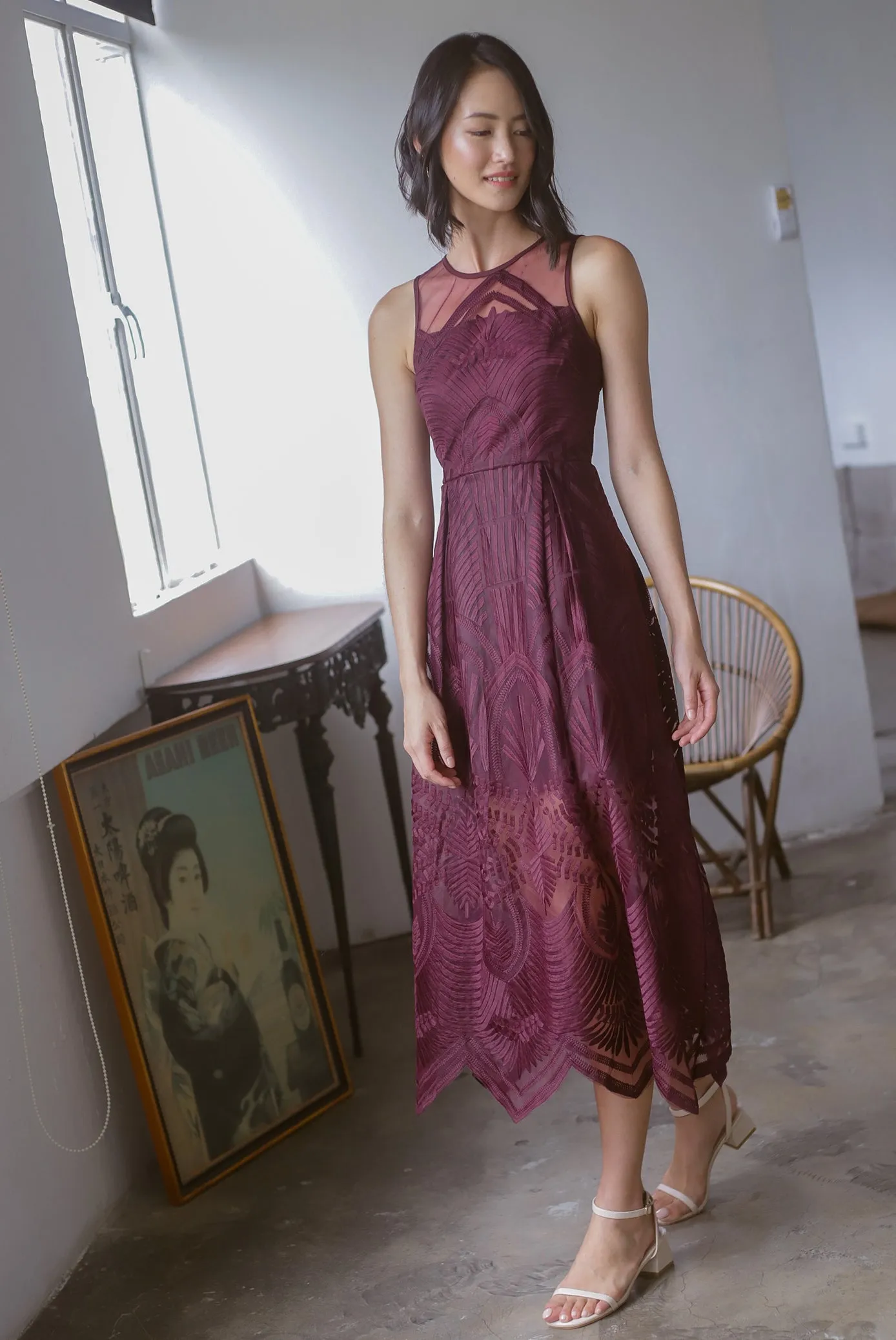 Harleigh Embro Mesh Dress In Deep Wine