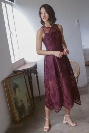 Harleigh Embro Mesh Dress In Deep Wine