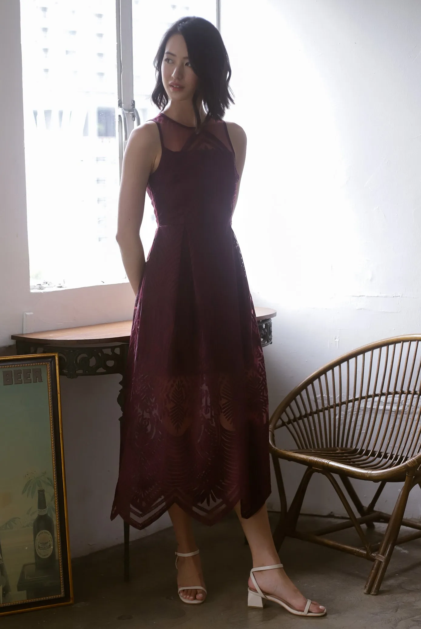 Harleigh Embro Mesh Dress In Deep Wine