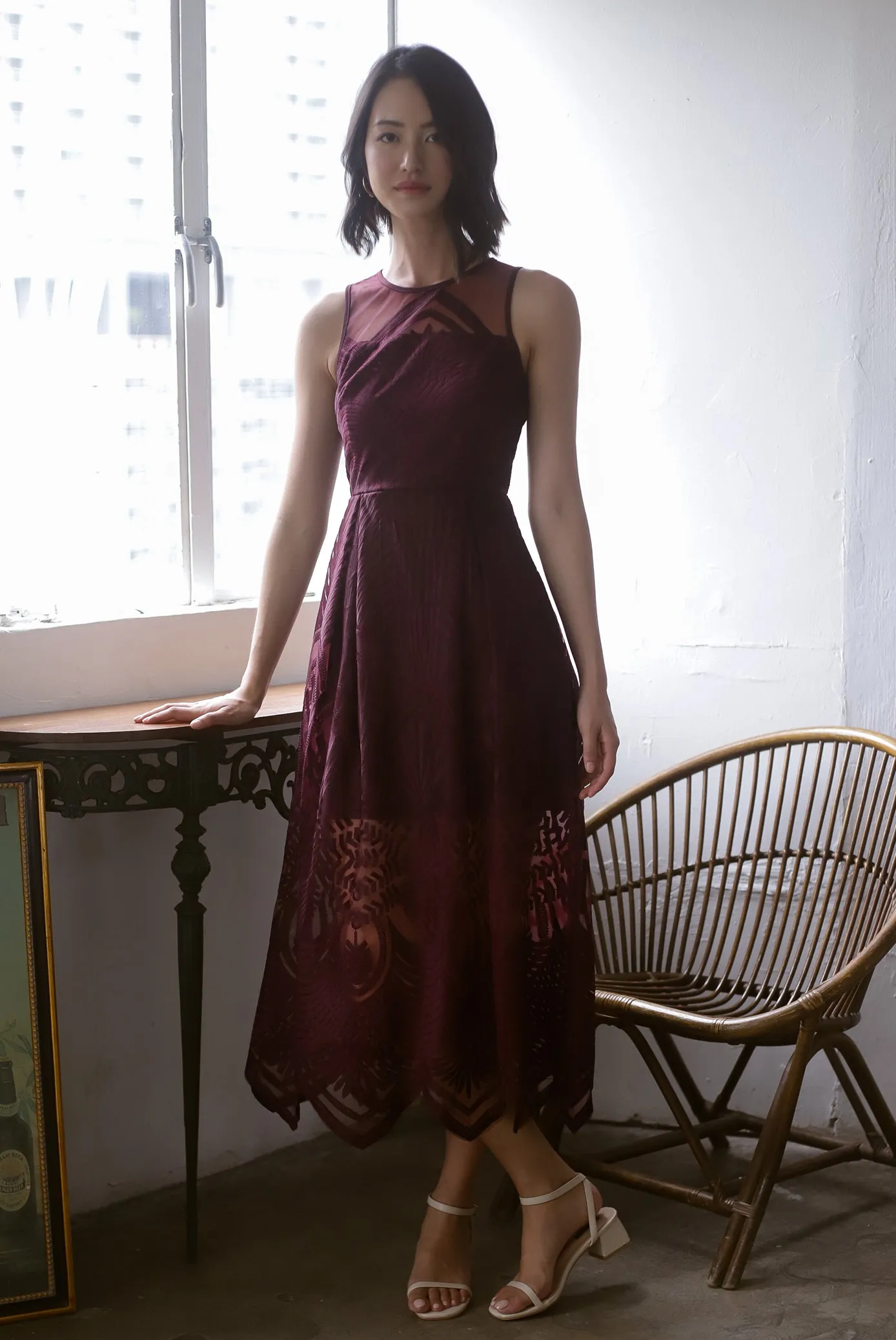 Harleigh Embro Mesh Dress In Deep Wine