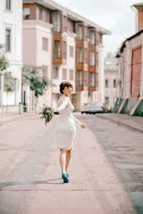 High Neck Lace Long Sleeve Knee-Length Wedding Dress-714900