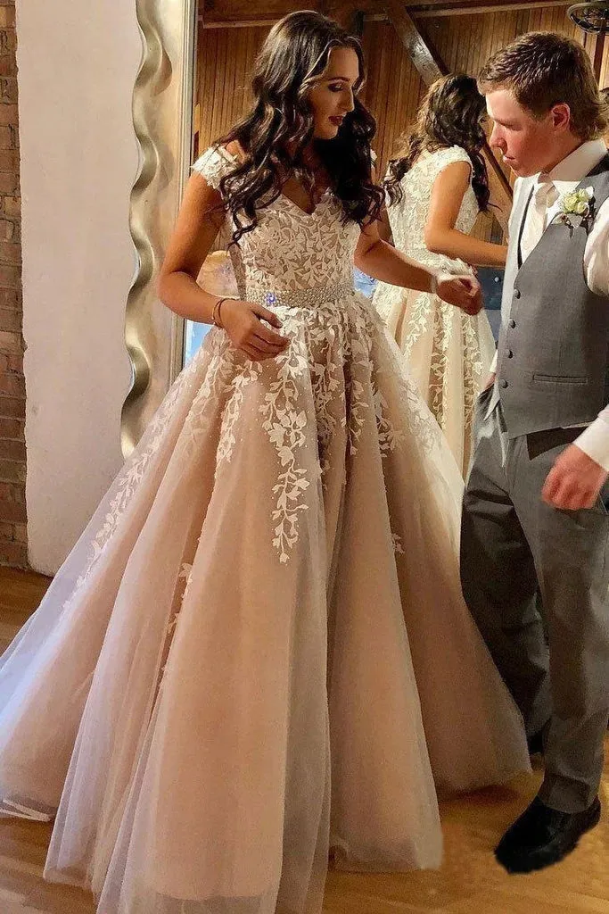 Hot Champagne Lace Prom Dresses Beaded Appliques Cap Sleeves