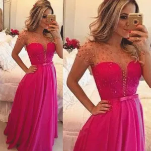 hot pink beaded prom dresses long 2020 peals chiffon elegant a line prom gown vestido de Longo