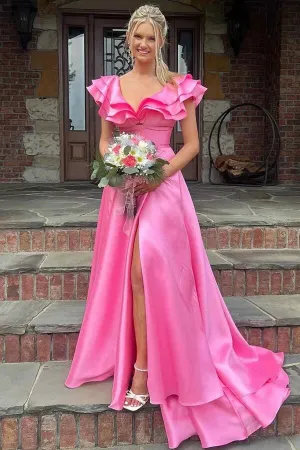 Hot Pink Silky Satin A-line V-neck Long Prom Dresses With Ruffles, MP942