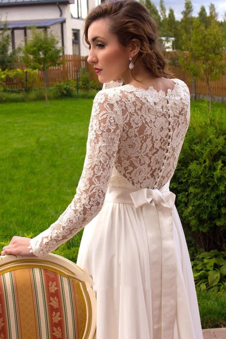 Illusion Lace Long Sleeves Wedding Dress with Chiffon Skirt