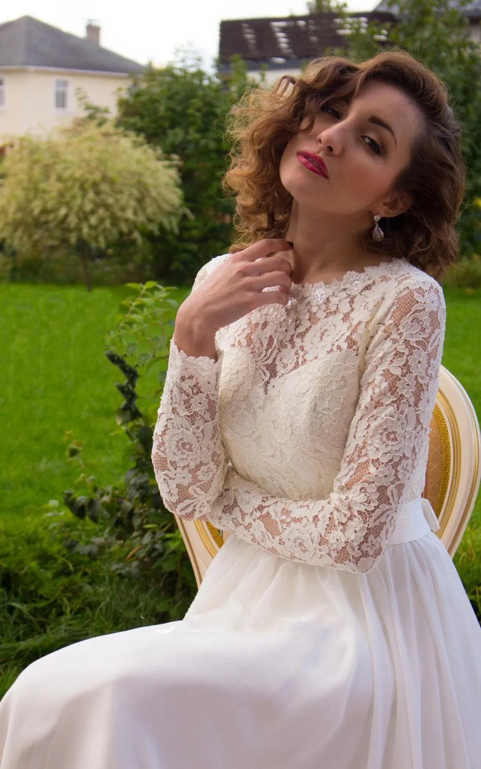 Illusion Lace Long Sleeves Wedding Dress with Chiffon Skirt