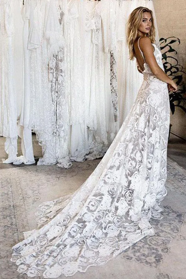 Ivory A-line V-neck Lace Backless Spaghetti Straps Beach Wedding Dresses, MW667