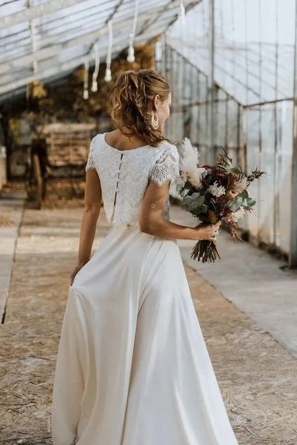 Ivory Chiffon Two Pieces Lace Top Short Sleeves Cheap Wedding Dresses MW772