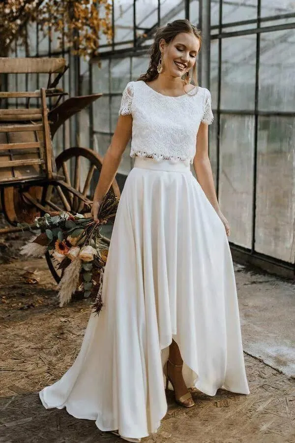 Ivory Chiffon Two Pieces Lace Top Short Sleeves Cheap Wedding Dresses MW772